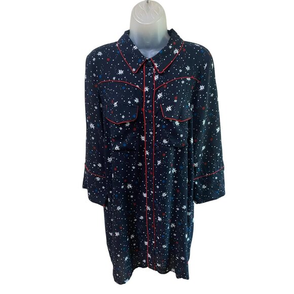 Zara Woman Star Print Long Sleeve Button Down Shirt Dress Night Sky Patriotic - Picture 2 of 8